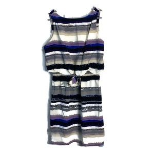 Daisy Fuentes Dress Purple Black White Blue Sinched Waist Stripes
